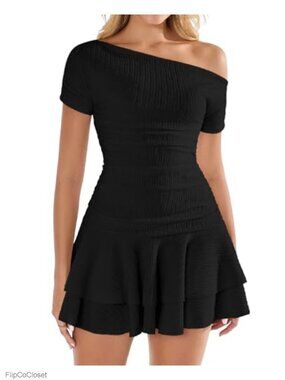 Off Shoulder Ruched Bodycon Mini Dress with Ruffle Hem for Women